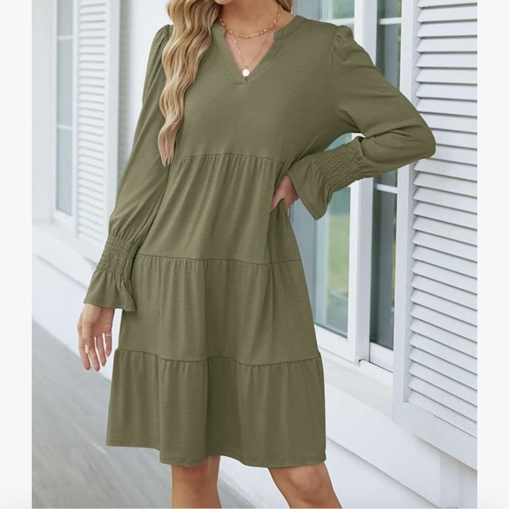 New Marokeety Long Sleeve Ruffle Midi Dress Olive V-Neck Pockets Women's‎ Small